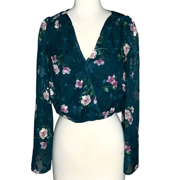mi ami Tops - 044: MI AMI forest green floral sheer long sleeve v neck cropped blouse small